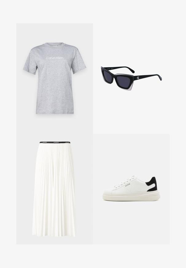 Calvin Klein HERO LOGO REGULAR - Camiseta estampada - light grey; Falda blanca plisada con una cinturilla elástica negra que presenta el logotipo "LACOSTE". Diseño de longitud media con textura suave.; Zapatillas blancas de cuero con una suela blanca gruesa, acento en el talón de ante negro y logo grabado en el lateral. Diseño de cordones con seis ojales.; Gafas de sol negras de gran tamaño con una forma geométrica, que presentan lentes oscuros y un detalle gris contrastante en la montura. Logo en la pata.