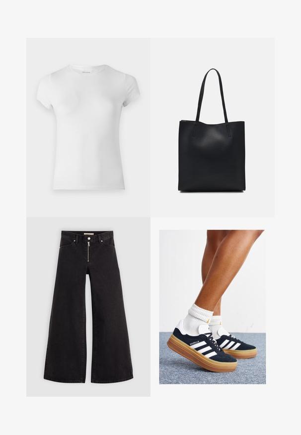 Valge lühikeste varrukatega T-särk, mis on valmistatud siledast puuvillast, ümarate kaelustega ja kitsas siluetiga, millel on peened õmblused.; Laiad teksad mustast denimist, millel on lukuga eesmine osa, viie taskuga disain ja peened õmblusdetailid. Sile tekstuur ja juhuslik stiil.; Mustad seemisnahast tossud valgete triipude ja detailidega, ümarate varbassosadega, kummist välistallaga, paaritatud valgete soonikuliste meessokkidega.; Mustast nahast kott sujuva tekstuuriga, ristkülikukujuline ja kahe pika sangaga. Pole nähtavat riistvara ega kaunistusi.