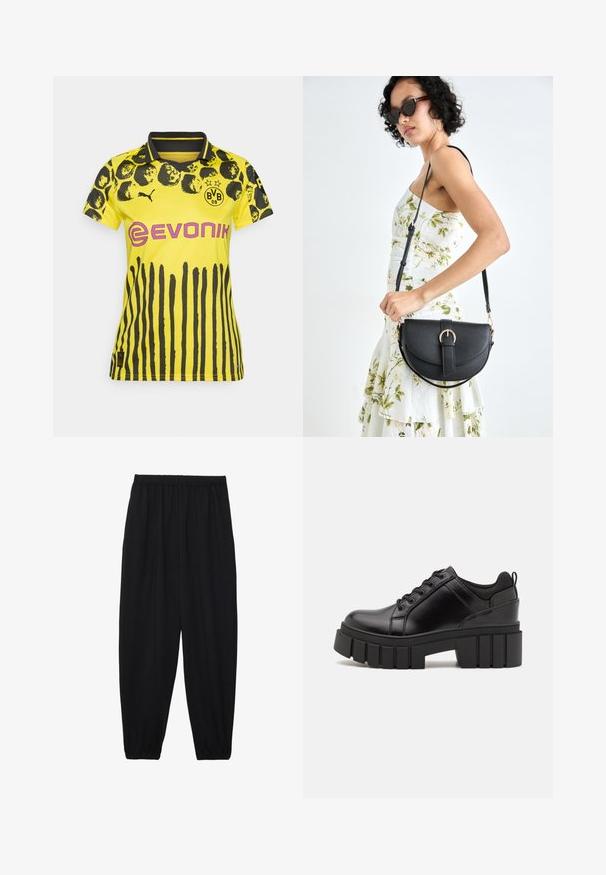 Keltainen urheilu paita, jossa on mustaa eläinkuosia ja pystysuoria raitoja. Sisältää kauluksen, Puma-logon ja Evonik-brändäyksen vaaleanpunaisena.; Mustat, kevyet housut, joissa on joustava vyötärö ja kerätyt nilkat. Kangas on sileä ja siinä on rento, kapeneva muotoilu.; Mustat nahkakengät, joissa on lättihenkinen korko, pyöreä kärki ja perinteinen nauhakiinnitys. Ominaisuuksiin kuuluu sileä pintakuvio ja minimaalinen yksityiskohtaisuus.; Musta nahkainen käsilaukku, joka on kaareva muotoilultaan, irrotettavalla hihnalla ja kultaisilla yksityiskohdilla. Laukussa on läppä, jossa on solk yksityiskohta.