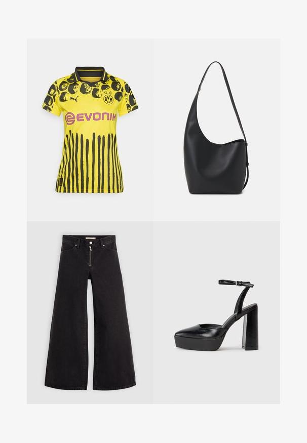 Žuta sportska majica s crnim životinjskim uzorkom i vertikalnim prugama. Ima ovratnik, Puma logotip i Evonik brendiranje u ružičastoj boji.; Široke traperice od crnog denima s prednjim zatvaračem, dizajnom s pet džepova i suptilnim detaljima šivanja. Glatka tekstura i ležeran stil.; Crne platforme s potpeticom s oštrim vrhom i podešivom naramenicom. Izrađene od glatke kože, s masivnom blok petom.; Crna kožna hobo torba s glatkom teksturom, zakrivljenim oblikom i jednom podesivom trakicom; ima širok otvor na vrhu.