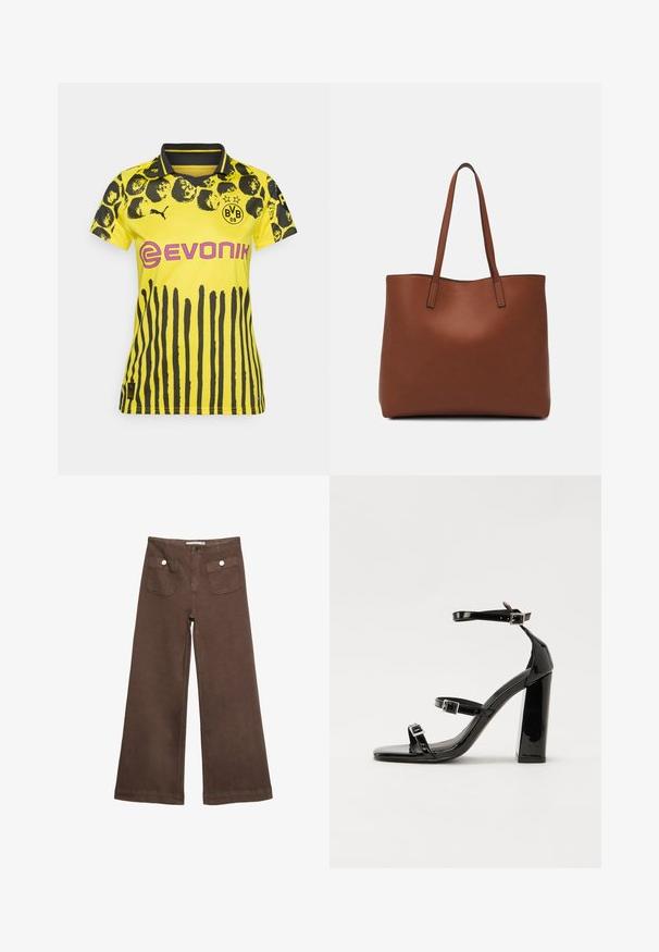 Žlutý sportovní dres s černým zvířecím potiskem a vertikálními pruhy. Obsahuje límeček, logo Puma a branding Evonik v růžové barvě.; Hnědé široké kalhoty vyrobené z bavlny, s dvěma předními kapsami a stříbrnými knoflíky, s hladkou texturou.; Černé lakované sandály na podpatku se čtveratou špičkou, lýtkovými pásky a stříbrnými přezkami. Disponují masivním blokovým podpatkem pro stabilitu.; Hnědá kožená taška přes rameno s hladkou texturou, otevřeným designem a dvěma ramenními popruhy. Obsahuje minimální švy a žádné viditelné kovové prvky.