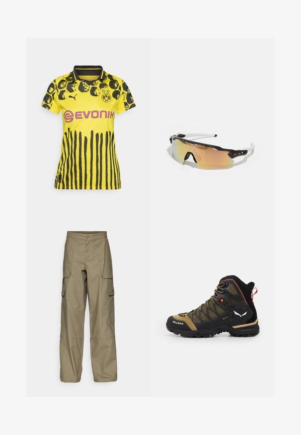 Camisola desportiva amarela com padrão animal preto e riscas verticais. Apresenta um colarinho, o logo da Puma e a marca Evonik em rosa.; Calças cargo em tecido verde-oliva, com um corte solto, múltiplos bolsos laterais e fecho com botão na cintura. Textura suave.; Bota de caminhada de altura média em preto e verde oliva, com parte superior em malha, sola de borracha e detalhes texturizados com uma alça na parte traseira.; Óculos de sol com uma armação em preto e branco, grandes lentes espelhadas em tons dourados e rosa, design aerodinâmico e uma borda externa alargada.