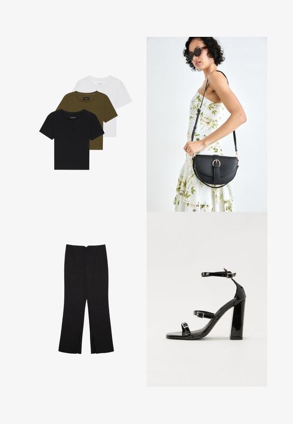 Tre crew-neck t-shirts i sort, olivengrøn og hvid. Korte ærmer, ribbede halsudskæringer og en tætsiddende design.; Sorte bukser med lige pasform, der har frontlommer og slidser i kanten. Lavet af blødt, glat stof. Velegnet til forskellige anledninger.; Sorte laklædersandaler med høje hæle, to spænderemme, firkantet tå og en kraftig blokhæl, der har en glat, blank overflade.; Sort læderhåndtaske med en buet form, aftagelig rem og guldfinish. Tasken har en klap med en spænde detalje.