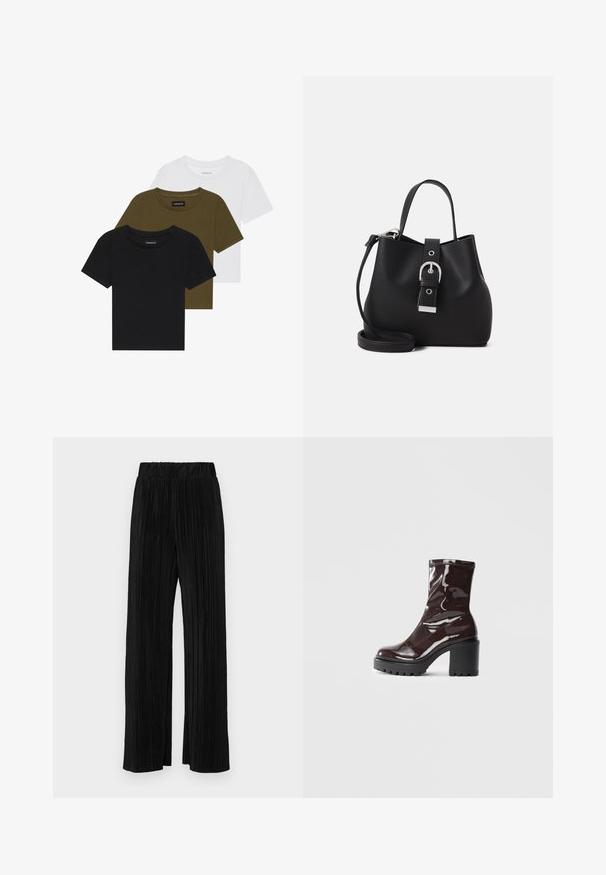 Három crew-neck póló fekete, olíva zöld és fehér színben. Röpke ujjú, bordázott nyakkal és testhez álló fazonnal.; Fekete pliszírozott nadrág gumis derekkal. Széles lábakkal rendelkezik, sima, texturált anyagból készült, függőleges csíkokkal.; Fényes bordó bokacsizma vastag fekete sarokkal, sima felülettel és egyszerű dizájnnal. Nincsenek látható zárak vagy minták.; Fekete, sima bőrből készült vödör táska, amely strukturált formával, rövid fogantyúval és levehető vállpánttal rendelkezik. Ezüst csat részlet.
