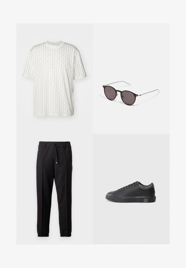 Witte t-shirt met een herhalend grijs "A" patroon, korte mouwen, een ronde halslijn en een relaxte pasvorm. Gemaakt van zachte stof.; Zwarte broeken met een tailleband, koord en elastische boorden. Heeft plooien en een gladde, gestructureerde stof.; Zwarte leren sneaker met een gladde afwerking, ronde neus en donkergrijze accenten. Beschikt over een vetersluiting en een getextureerde rubberen zool.; Zwarte ronde zonnebril met donkere lenzen en slanke metalen armen. Inclusief heldere tempelpunten en zilveren accenten bij de scharnier. Minimalistisch ontwerp.