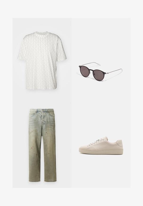 Tricou alb cu un model repetitiv de litere "A" gri, mâneci scurte, guler rotund și croială lejeră. Fabricat dintr-un material moale.; Jeans din denim uzat, de culoare verde deschis, cu un croi drept, design cu cinci buzunare, și decolorare inegală cu stropi de vopsea.; Adidași din piele bej cu un finisaj neted, vârf rotunjit, talpă plată și un design clasic cu șireturi. Accente de cusături subtile și talpă texturată.; Ochelari de soare negri rotunzi cu lentile întunecate și brațe metalice subțiri. Include vârfuri transparente pentru brate și accente argintii la balama. Design minimalist.