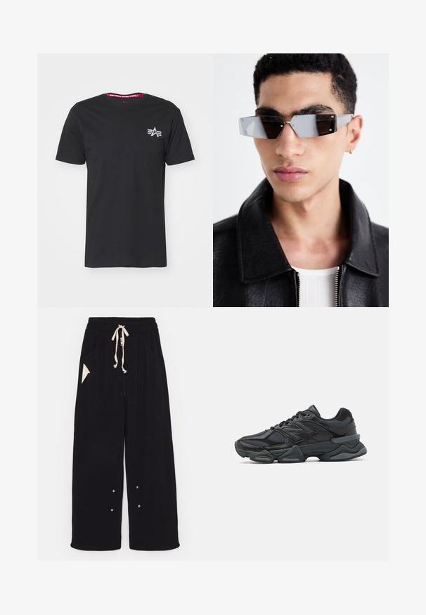 Sort bomulds t-shirt med korte ærmer. Har et lille hvidt logo på venstre bryst og en kontrastfarvet rød indvendig halsudskæring.; Sorte bredde ben bukser lavet af blødt stof med snoreliv, sidelommer og en trekantet accentlomme. Sølv hardware detaljer inkluderet.; Sorte løbesko med en blanding af mesh og syntetiske materialer, kraftig sål, buet design og fremtrædende branding på siden.; Vinkelformede gråtonede solbriller med sølvhardware, sat mod en lys baggrund. Linsen har en unik geometrisk form.