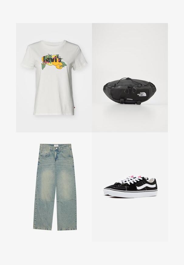 Levi's® T-Shirt print - cloud dancer; Helle blaue weite Jeans aus Denim, ausgestattet mit zwei Vordertaschen, einem Knopfverschluss und einer ausgewaschenen Optik mit sichtbaren Nähten.; Schwarze Wildleder-Sneaker mit weißen Schnürsenkeln, die einen auffälligen weißen Seitenstreifen und eine schwarze Gummisohle aufweisen, mit kontrastierenden Nähdetails.; The North Face TERRA LUMBAR 3L UNISEX - Gürteltasche - asphalt grey/black