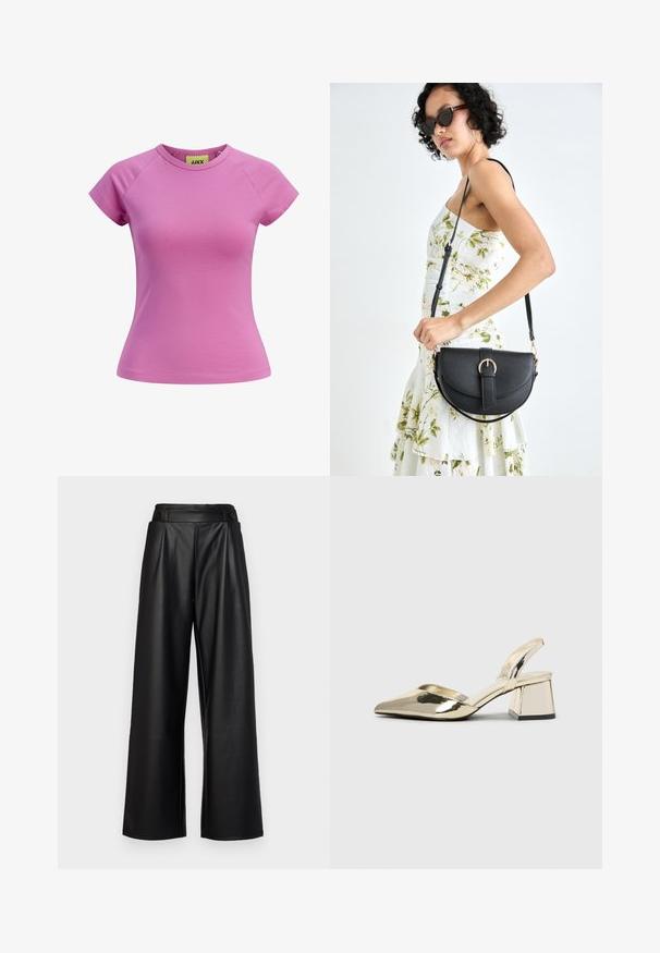 Trumpas rožinis marškinėliai su apvalia iškirpte, trumpos raglan stilius rankovėmis ir prigludusia forma. Pagaminti iš lygios medvilnės audinio. Etiketas matomas viduje.; Juodi, platūs odiniai kelnių modeliai, turintys aukštą liemenį, klostes ir dvi apvalias mygtukus priekyje užsegimui.; Auksiniai, metaliniai slingback aukštakulniai bateliai su smailiu pirštu ir masyviu kulnu. Lygus paviršius, minimalizmo dizainas ir siaura juostelė.; Juodas odinis krepšys su išlenkta forma, nuimamu dirželiu ir auksiniais detalėmis. Krepšys turi kilpą su sagtimi.