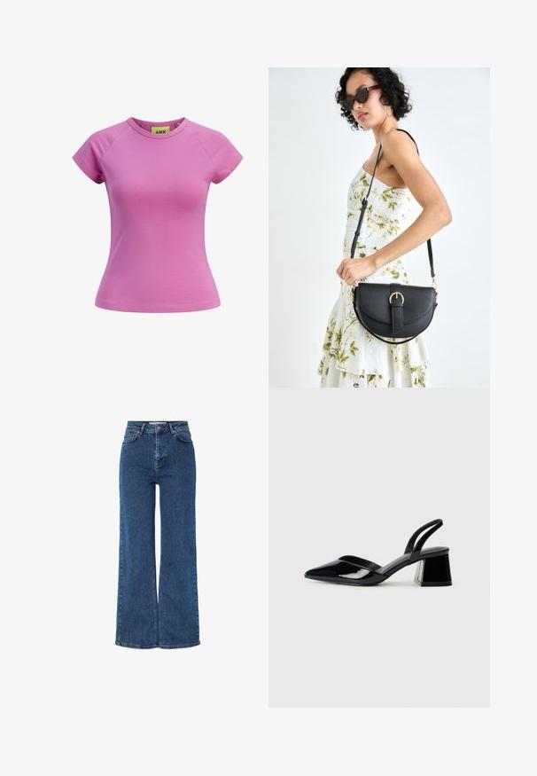 Trumpas rožinis marškinėliai su apvalia iškirpte, trumpos raglan stilius rankovėmis ir prigludusia forma. Pagaminti iš lygios medvilnės audinio. Etiketas matomas viduje.; Aukštom juosmeniu mėlyni džinsai su plačiomis kojomis, tradicine penkių kišenių konstrukcija, metaliniu mygtuko uždarymu ir kontrastingomis siūlėmis.; Juodos lakuotos odinės šlepetės su smailiu pirštu ir geometriniu bloko kulnu. Turi elegantišką, minimalistinį dizainą ir lygų paviršių.; Juodas odinis krepšys su išlenkta forma, nuimamu dirželiu ir auksiniais detalėmis. Krepšys turi kilpą su sagtimi.