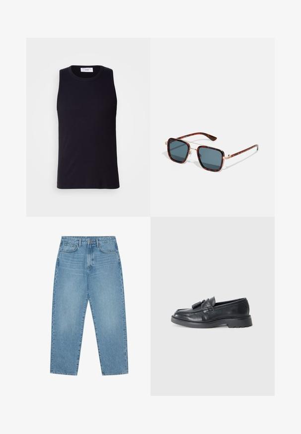 Top sin mangas negro hecho de tela acanalada, con escote redondo y dobladillo recto. Textura suave con detalles mínimos.; Jeans de denim azul claro de pierna ancha con cintura alta, que cuentan con cinco bolsillos, trabillas para cinturón y una textura suave y ligeramente deslavada.; Mocasines de cuero negro con punta redondeada, una correa con borlas y una suela gruesa con un patrón de relieve. Textura suave y diseño clásico.; Gafas de sol de carey con lentes gris oscuro, forma cuadrada,accesorios de metal dorado y patillas delgadas con un distintivo detalle a rayas.