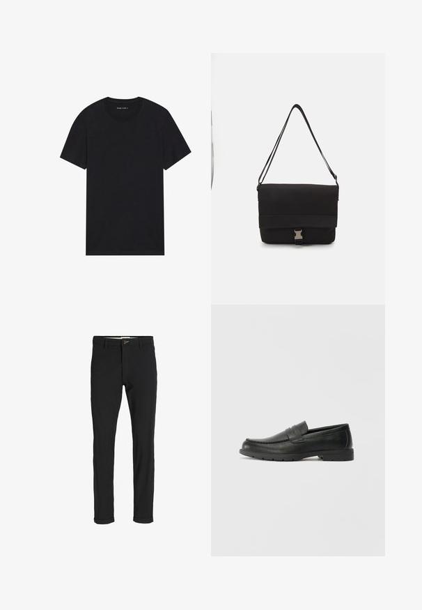 Tricou din bumbac negru, cu mâneci scurte și decolteu rotund. Materialul are o textură netedă și un design simplu, uni.; Pantaloni negri din bumbac cu un croi slim, având închidere cu nasture, buzunare și manșete răsturnate pentru un aspect casual.; Labeled cu oglindă din piele neagră cu un finisaj neted, partea superioară în stil mocasin, detalii cusute și o talpă din cauciuc. Design clasic cu un toc jos.; Geantă de messenger neagră, realizată din material neted, cu un capac pliat, hardware din metal argintiu și o curea pentru umăr ajustabilă.