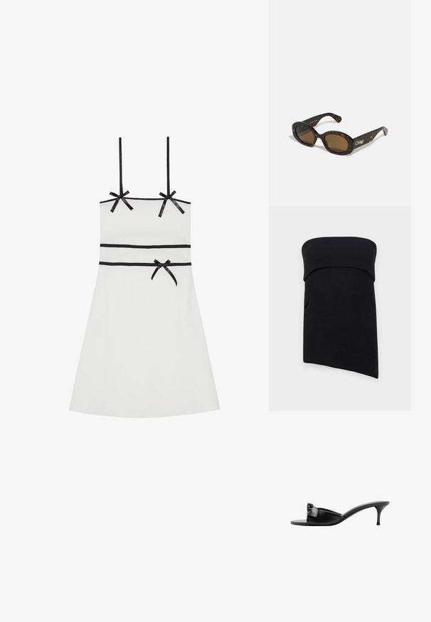 Črn pleten top brez naramnic z zavihanjem na robu. Tkanina je gladka in rahlo raztegljiva, z aerodinamičnim dizajnom in brez vidnih dodatkov.; Bela brezrokavna obleka z črnimi trakovi na ramenih in v pasu. Gladka tekstura, do kolen, prilegajoča silhueta, subtilen rebrast dizajn.; Črne usnjene zavezane mule z naglavnim okrasom, odprtimi prsti in ožjim visokim podplatom. Gladka tekstura in minimalističen dizajn.; Svetleča očala iz želve s ovalnimi okvirji, rjavimi lečami in blagovno znamko "Chloé" na ročaju. Gladek plastičen material z sijajno obdelavo.