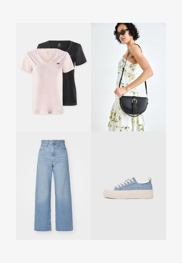 Set of two v-neck t-shirts in light pink and black. Made of soft fabric, featuring short sleeves and a small logo on the left chest.; Light blue high-waist wide-leg jeans with front button and zip closure, front and back pockets, on a white background.; Light blue canvas sneakers with a cream rubber toe cap and outsole, featuring white laces and a pull tab on the heel.; Black leather handbag with a curved shape, detachable strap, and gold hardware. The bag features a flap with a buckle detail.