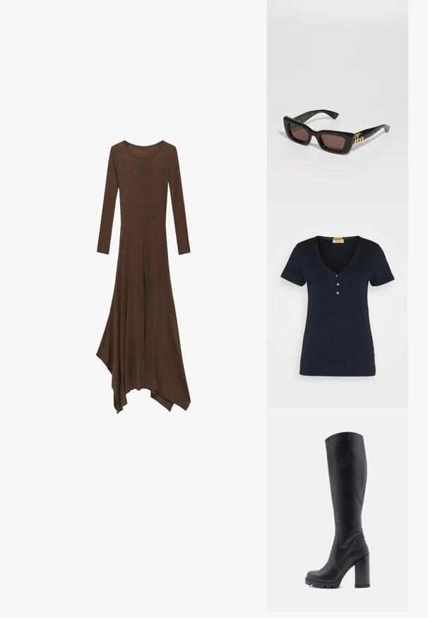 Mos Mosh BASIC TEE - Jednoduché tričko - salute navy; Hnědé šaty s dlouhým rukávem, kulatým výstřihem, volným lemem a asymetrickým střihem. Vyrobeno z měkké, lehké tkaniny.; Černé kozačky po kolena, hladká kožená materiál, robustní podpatek, zaoblená špička, texturovaná podrážka s gripem, elegantní design bez ozdob.; Černé želvovinové sluneční brýle s obdélníkovými skly, hnědým tónem, silným rámem a zlatým detailem dvojitého G loga na spánku.; Zlaté kruhové náušnice s venkovním okrajem vzoru želvoviny, které mají hladký povrch a elegantní, kulatý tvar.