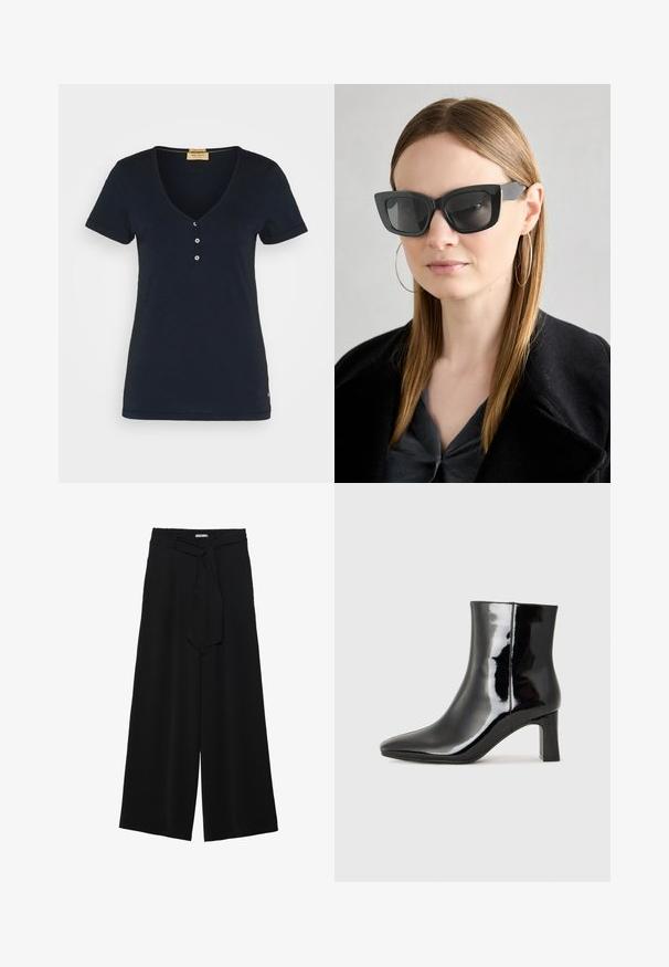 Mos Mosh BASIC TEE - T-Shirt basic - salute navy; Schwarze weite Hosen aus strukturiertem Stoff, mit elastischem Bund und einem abnehmbaren Bindegürtel in der Taille für eine verstellbare Passform.; Schwarzer Lackleder-Stiefelette mit spitzer Zehe und einem mittelhohen Blockabsatz. Glatte Textur und minimalistisches Design.; Schwarze Katzenaugen-Sonnenbrille mit dunklen Gläsern, dicken Rahmen und subtilen Akzenten. Getragen mit einem schwarzen Mantel und einem grauen Oberteil, dazu lange, glatte Haare.