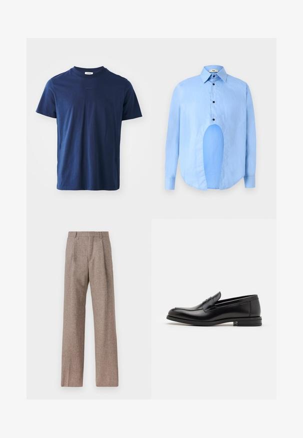 T tumed sinine puuvillane T-särk lühikeste varrukatega, ümar kaelus ja tagasihoidlik logo detail ees. Sile tekstuur ja klassikaline lõige.; Heledsinine pikkade varrukatega särk, millel on terav krae, mustad nupud ja ainulaadne lõige ees eristuva disaini jaoks.; Prunnid, kõrge vöökohaga püksid, mis on valmistatud tekstureeritud kangast. Omavad laiu jalgu ja kahte eesmist voldikut struktuuri jaoks. Korralik viimistlus, ilma nähtava riistvarata.; Mustad mustad nahast loafers sileda tekstuuriga, ümarat ninaosa ja dekoratiivne riba vampi üle. Madal kihiline konts, minimalistlik disain.