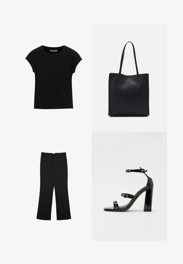 Musta lyhythihainen T-paita, jossa pyöreä kaula-aukko. Valmistettu sileästä, joustavasta puuvillakankaasta. Yksinkertainen malli ilman kuvioita tai grafiikoita.; Mustat housut suoralinjaisella leikkauksella, joissa on etutaskut ja sivurei'ät helman alla. Valmistettu pehmeästä ja sileästä kankaasta. Sopii eri tilaisuuksiin.; Musta kiiltävä korkokenkä sandaalit neliönmuotoisella varpaalla, nilkkaremmillä ja hopeisilla soljilla. Varustettu tukevalla lohkokorkealla vakauden takaamiseksi.; Mustapahkainen kangaskassi, jossa on sileä pinta, suorakaiteen muotoinen ja kaksi pitkää kahvaa. Ei näkyvää metalliosaa tai koristeita.