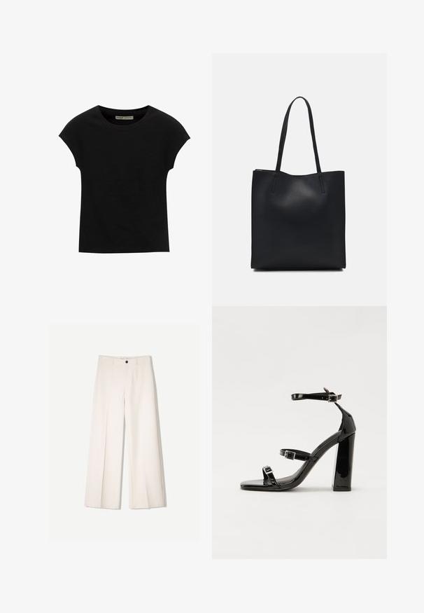 Sort T-shirt med korte ærmer og rund halsudskæring. Fremstillet af glat, elastisk bomuldsstof. Simpelt design uden mønstre eller grafik.; Cremefarvede bukser med bred benvidde og skræddersyet design, der har to forlommer og en enkelt frontknaplukning, lavet af et glat stof.; Sorte patenterede hælsandaler med firkantet tå, ankelremme og sølvspænder. Har en chunky blokHæl for stabilitet.; Sort læder tote taske med glat tekstur, rektangulær form og to lange hanke. Ingen synlig hardware eller udsmykninger.