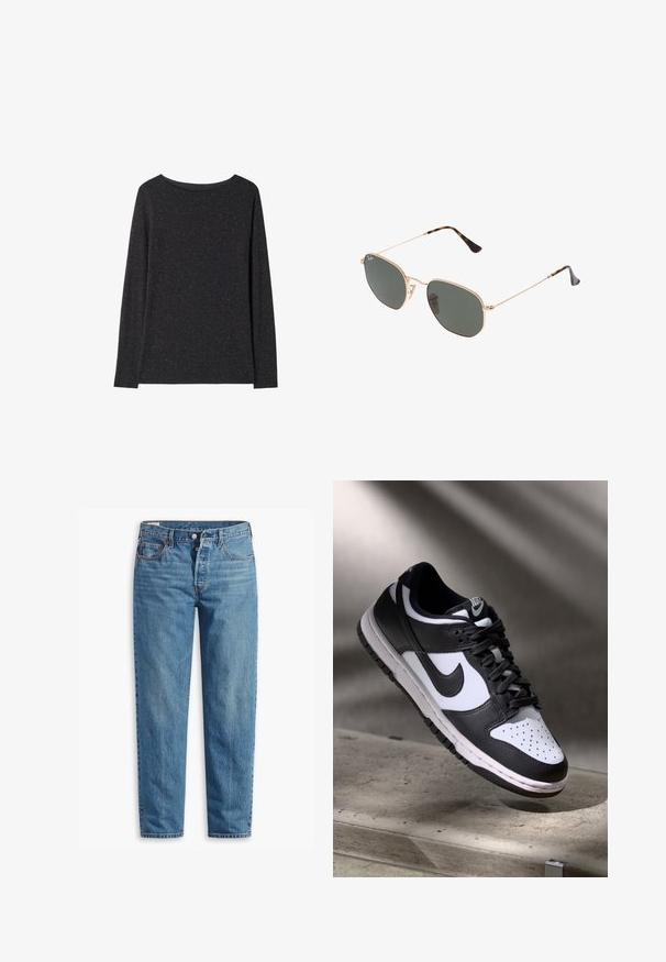 Langärmliges schwarzes T-Shirt aus strukturiertem Stoff, mit rundem Halsausschnitt und dezenten Stellen in helleren Farben.; Blaue Jeans aus Denim mit geradem Schnitt, ausgestattet mit einem Reißverschluss, zwei vorderen Taschen und subtilen Verfärbungen im gesamten Stoff.; Schwarz-weißer Nike Dunk Low Sneaker mit Lederobermaterial, perforiertem Zehenbereich und schwarzen Schnürsenkeln, ausgestattet mit einer weißen Sohle und Logo-Akzenten.; Goldfarbene Metallrahmen-Sonnenbrillen mit dunkelgrünen Gläsern im Pilotenstil, mit schlanken Bügeln und Schildpatt-Akzenten an den Spitzen.; Schwarze Tragetasche mit geometrischem Muster, aus strukturiertem Material gefertigt. Verfügt über stabile Griffe und ein Etikett, strukturierte Form.
