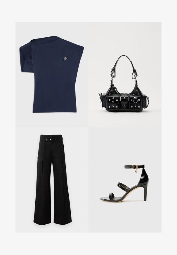 Tamsiai mėlyna trumpomis rankovėmis marškinėliai su apvaliu iškirpimu ir vienu peties siūlu atviru. Papuošti mažo siuvinėjimo dizainu prie krūtinės.; Juodas odinis marškiniai su mygtukais priekyje, smailiu apykakle ir dviem krūtinės kišenėmis. Išsiskiria laisvu siluetu ir glotnia tekstūra.; Juodos platėjančios kelnės su aukštu juosmeniu, turinčios dideles šonines kišenes, dvi priekinės mygtukus ir kilpelės detalę. Pagamintos iš tvirto audinio.; Juodas patentuotas odinis sandalai su trimis diržais, kulkšnies sagtimi ir 4 colių stiletto kulnu. Yra aukso detalės ir logotipo žavesys.; Juodas odinis rankinukas su kreiviu dizainu, su sidabro spalvos knopkėmis, užsegimu ir dviem šoninėmis kišenėmis. Reguliuojama dirželis nešimui.