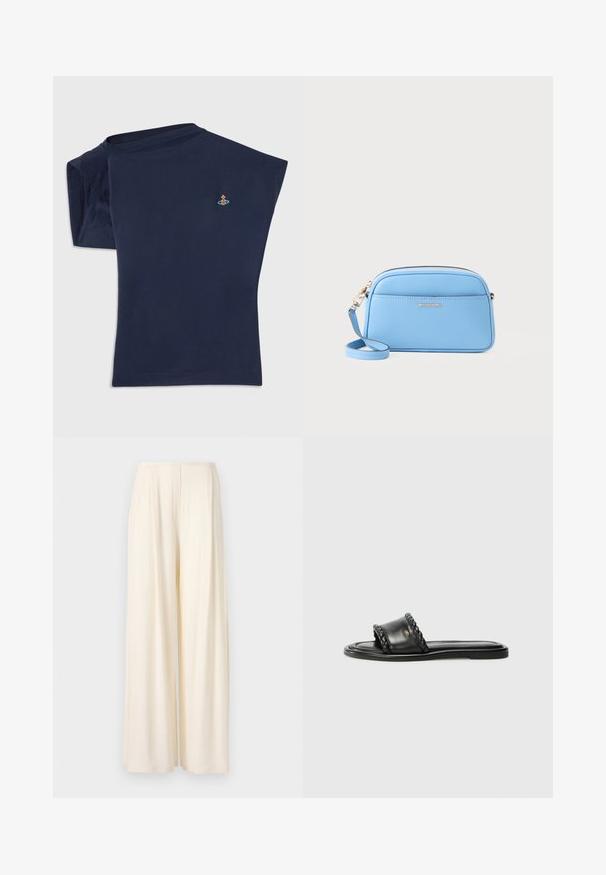 Mørkeblå kortermet t-skjorte med rund hals og én skuldersøm synlig. Har et lite broderi nær brystet.; Norma Kamali MENS PLEAT - Bukse - cream; Sorte lærsandaler med en vævet stropdetalje, flad sål og et slankt design. Glat tekstur og minimalistisk profil.; Lys blå skinn crossover-veske med gulltonet detaljer, glidelås lukking og en frontlomme. Har justerbar stropp for ekstra bekvemmelighet.