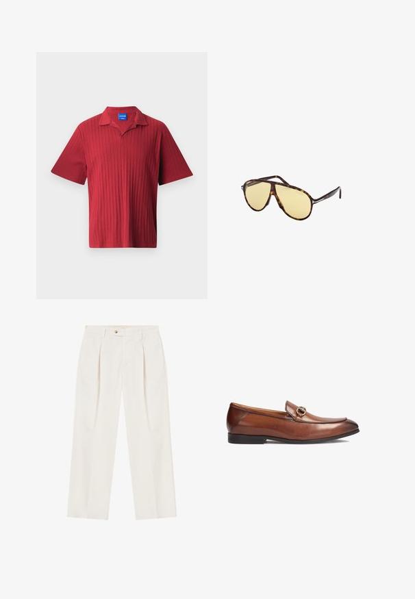 Rotes Poloshirt mit kurzen Ärmeln, vertikal geripptem Muster, einem geschlitzten Kragen und einem Etikett im Innenhals.; Weiße, weite Hosen mit Falten an der Vorderseite, einem einzelnen Knopfverschluss und Seitentaschen. Glatte Textur und maßgeschneiderter Schnitt.; Braune Lederloafers mit einer runden Zehenpartie, genähten Details und einer dekorativen metallenen Schnallenakzent an der Vorderseite. Gummisohle.; Schildpatt-Sonnenbrille mit gelben Gläsern. Pilotenschnitt mit Doppelbrücke und metallischen Akzenten. Glatte Oberfläche und elegantes Design.; Rechteckige roségoldene Uhr mit einem weißen Zifferblatt, minimalistischen Stundenmarkierungen und einem verlinkten Metallarmband. Sie verfügt über eine Krone auf der rechten Seite.