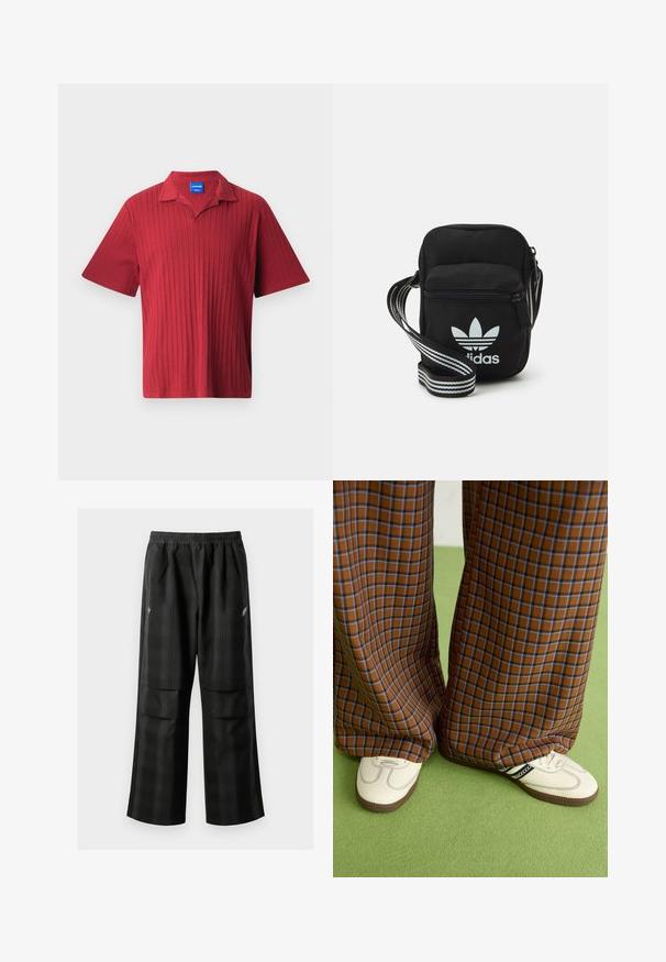 Punane lühikeste varrukatega polo särk, millel on vertikaalne sooniktekstuur, soonikuga kaelus ja sisekrae peal sildiga etikett.; Mustas ruudulised püksid, millel on elastne vöökoht, kaks esimest taskut ja laiem lõige sirge jala disainiga. Valmistatud kergest materjalist.; Pruunide ja siniste ruuduliste laiad püksid, mille juurde on kombineeritud valged kingad mustade aktsentidega ja tekstuursete taldadega, roheline taust.; Mustmust värvi risti koti, millel on tõmblukuga sulgemine, valge Adidas'i logo ja triibuline reguleeritav rihm mugavaks kandmiseks.