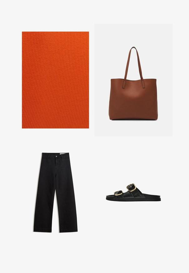 OXXO SQUARE NECK SINGLET - Top - golden poppy; Černé denimové kalhoty s volným střihem a vysokým pasem, vybavené předními a zadními kapsami, prošívanými švy a knoflíkovým zapínáním. Hladká textura.; Černé kluzné sandály s dvěma zlatými sponami, hladkým texturovaným materiálem, plochou podrážkou a minimalistickým designem.; Hnědá kožená taška přes rameno s hladkou texturou, otevřeným designem a dvěma ramenními popruhy. Obsahuje minimální švy a žádné viditelné kovové prvky.