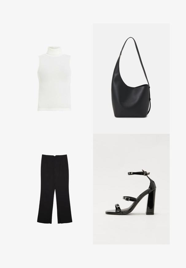 Bílý bezrukávový rolák, žebrovaná textura, přiléhavý střih, rovný lem, měkký bavlněný materiál. Žádné další detaily ani vzory.; Černé kalhoty s rovným střihem, s předními kapsami a bočními rozparky na lemu. Vyrobené z jemné, hladké tkaniny. Vhodné na různé příležitosti.; Černé lakované sandály na podpatku se čtveratou špičkou, lýtkovými pásky a stříbrnými přezkami. Disponují masivním blokovým podpatkem pro stabilitu.; Černá kožená hobo taška s hladkým povrchem, zakřiveným tvarem a jedním nastavitelným popruhem; má široké otevírání nahoře.