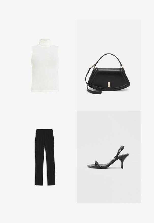 Weißes ärmelloses Rollkragenoberteil, gerippte Textur, enganliegendes Design, gerader Saum, weicher Baumwollmischstoff. Keine zusätzlichen Details oder Muster.; Schwarze maßgeschneiderte Hose mit geradem Bein, ausgestattet mit Fronttaschen und einem glatten, strukturierten Stoff. Saubere, minimale Details.; Schwarze Leder-Sandalen mit hohen Absätzen, schlankem, gebogenem Absatz und gekreuztem Riemendesign. Verstellbarer Knöchelriemen. Glatte Textur.; Schwarze Lederhandtasche mit einem strukturierten Design, das eine verkürzte Form, einen oberen Griff und goldfarbene Hardware-Details aufweist. Verstellbarer Schulterriemen ist enthalten.