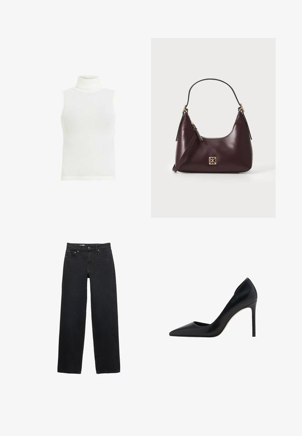 Hvid ærmeløs turtleneck-top, ribbet tekstur, tætsiddende design, lige kant, blødt bomuldsblandingsstof. Ingen yderligere detaljer eller mønstre.; Sorte brede jeans lavet af denim, med fem lommer, knaplukning, subtil syning og lige snit fra talje til søm.; Mango Højhælede pumps - black; Bordeaux læder håndtaske med en buet form, guld accenter på metaldele og en lynlås lukning. Har en aftagelig skulderrem.