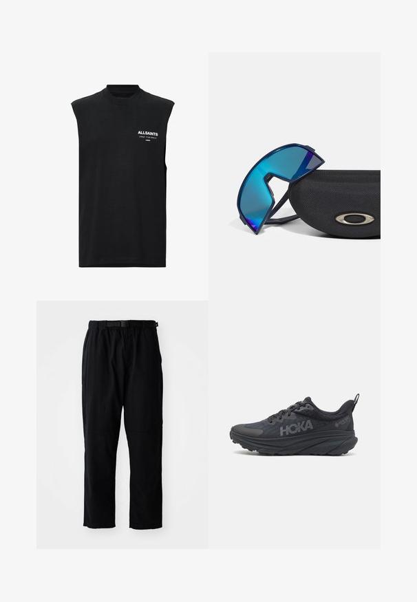 Tricou negru fără mâneci, din bumbac, cu un decolteu înalt și un mic logo alb pe față, textură netedă și croi lejer.; Pantaloni negri, ușori, cu un croi lejer, având un talie cu curea, împăturiri la genunchi și un design cu picior drept.; Pantofii de alergare Hoka negri au un superior din plasă, detalii texturate și o talpă groasă, căptușită, cu margini conice pentru un suport îmbunătățit.; Ochelari de soare cu tentă albastră, cu un design sportiv, așezați pe un toc texturat de culoare neagră, cu un accent metalic cu logo.; Geantă de umăr din nailon negru, cu bretea ajustabilă, având un logo alb proeminent. Purtați peste un tricou bleu deschis. Design simplu și funcțional.
