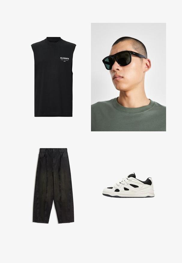 Čierny bezrukávový tričko z bavlny, s vysokým výstrihom a malým bielym logom na prednej strane, hladká textura a voľný strih.; Čierne nohavice s širokými nohavicami z denimu, viditeľné švy a rozstrapkané okraje, so zapracovanými prednými vreckami a vysokým pásom.; Biele a čierne športové topánky s textúrovanou podrážkou, s vyrezávanými dizajnmi na stranách a šnúrkami, a s polstrovaným zadným dielom pre podporu.; Čierne obdĺžnikové slnečné okuliare s tmavými sklami, s charakteristickým tvarom a značkou na ramene. Nosí ich osoba v zelenej košeli.