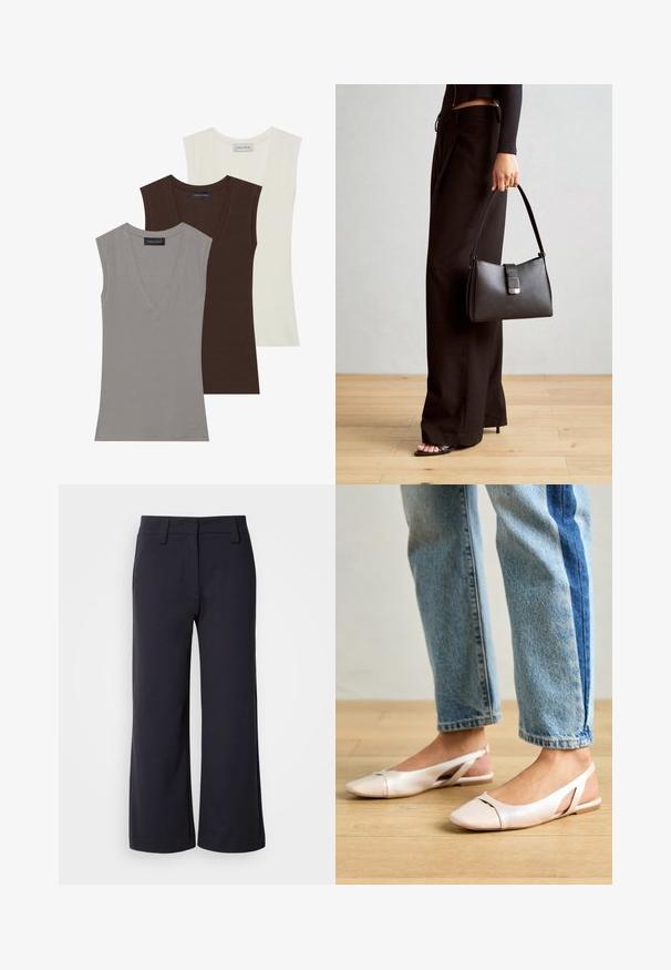 Anna Field 3 PACK - Topper - gray/coconut milk/coffee bean; Vide benbukser i mørk navy-stof. Har flad front, bæltesløjfer og sidelommer. Materialet er glat med en let stræk.; Lys rosa slingback leiligheter med spiss tå, laget av et glatt, læraktig materiale. Har utskjæringer på sidene og lav hæl.; Svart håndveske med strukturert form, jevn tekstur og metallisk lås. Kombinert med brede svarte bukser og sandaler med åpen tå på tregulv.