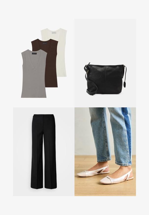 Anna Field 3 PACK - Top - gray/coconut milk/coffee bean; Zwarte wijde broek van een gladde stof, met een hoge taille, nauwkeurig gestikte naden en een minimalistisch ontwerp. Geen zichtbare hardware of zakken.; Zachtroze slingback ballerina's met een spitse neus, gemaakt van een glad leerachtig materiaal. Bevat uitsnijdingen aan de zijkanten en heeft een platte hak.; Zwarte leren schoudertas met een platte vorm, gouden hardware-accenten en een verstelbare schouderband. Gladde textuur met minimale stikdetails.
