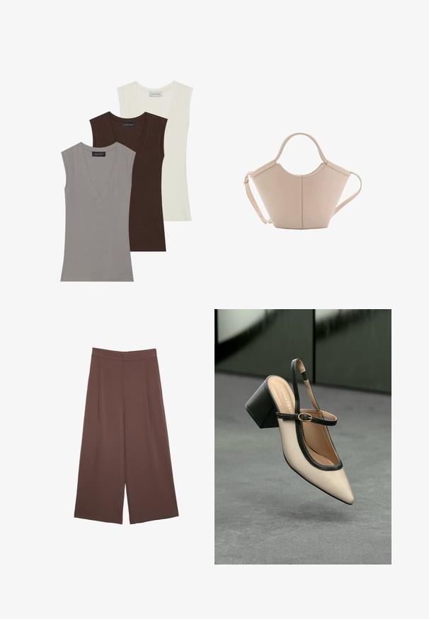 Anna Field 3 PACK - Top - gray/coconut milk/coffee bean; Hnedé nohavice so širokými nohavicami a hladkou textúrou, s vysokým pásom a prednými skladmi. Tkanina je ľahká a voľne sa pohybuje.; Béžová lodička so špicatou špičkou, s čiernym lemom, zlatou prackou a robustným blokovým podpätkom na šedom podlahe s tmavozeleným pozadím.; Béžová kožená kabelka s unikátnym tvarom, vybavená dvoma krátkymi uchami a jedným dlhým nastaviteľným popruhom. Hladký povrch s minimálnym kovovým príslušenstvom.