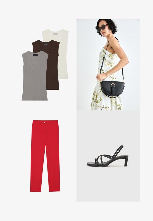 Anna Field 3 PACK - Tops - gray/coconut milk/coffee bean; Sarkanas bikses ar taisnas kājas piegriezumu, plakanu priekšpusi, vienu pogu un divām sānu kabatām. Taisna auduma virsma bez redzamām rakstu vai akcentu detaļām.; Melnas strappy sandales ar kvadrātveida purngaliem un zemu bloku papēdi. Ievērojamas ar vairākiem plāniem siksniņām un regulējamu potītes siksniņu. Izgatavotas no gludas ādas.; Melnas ādas rokassoma ar izliekta formu, noņemamu siksnu un zelta aksesuāriem. Somai ir vāciņš ar sprādzes detaļu.