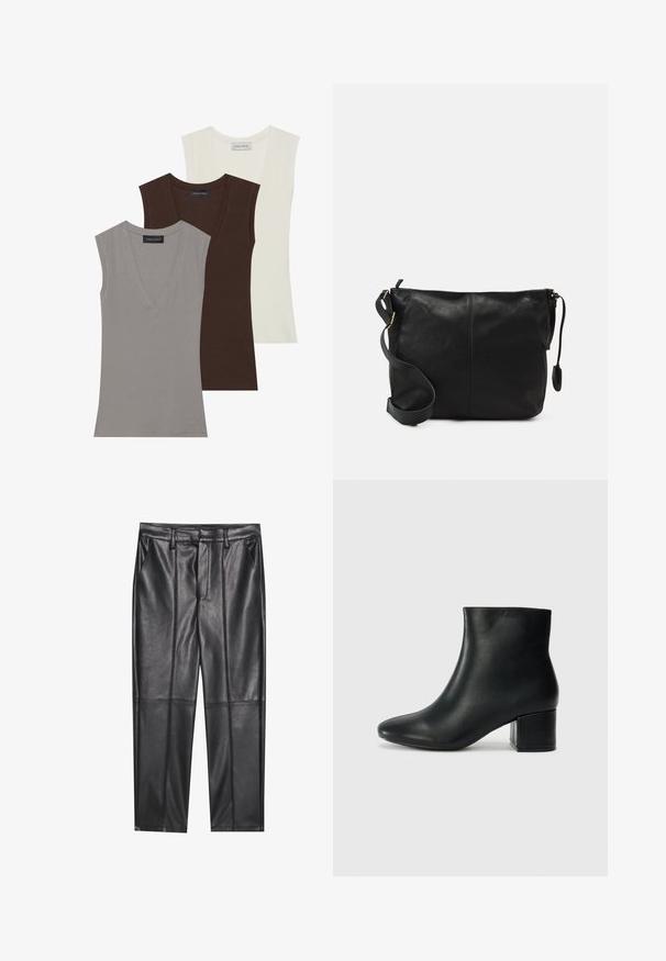 Anna Field 3 PACK - Top - gray/coconut milk/coffee bean; Black leather trousers with a smooth texture, featuring a straight fit, two front pockets, and visible seam detailing.; Black leather ankle boots with a pointed toe and a chunky heel. Smooth texture with minimal accents and a sleek, fitted design.; Black leather crossbody bag with a flat shape, gold hardware accents, and an adjustable strap. Smooth texture with minimal stitching details.