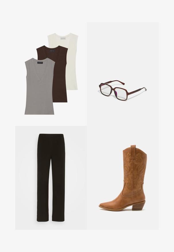 Anna Field 3 PACK - Top - gray/coconut milk/coffee bean; Čierne nohavice s rovnými nohavicami vyrobené z tkaniny, so plochým predkom, dvoma bočnými vreckami a hladkou textúrou. Žiadne viditeľné vzory ani akcenty.; Hnedé kožené kovbojské topánky s špicatou špičkou, vyšívanými vírivkami na štýle a blokovým podpätkom. Obsahuje praktický pútko na ľahké obúvanie.; Hnedé, obdĺžnikové dioptrické okuliare s priehľadnými šošovkami a fialovými odtieňmi. Hladký plastový rám so zásadnými nožičkami a jemnými akcentmi.; Strieborné kruhové náušnice s hladkým, lesklým povrchom. Kolový tvar a bezpečné klikanie na uzatváranie. Ľahký dizajn vhodný na každodenné nosenie.