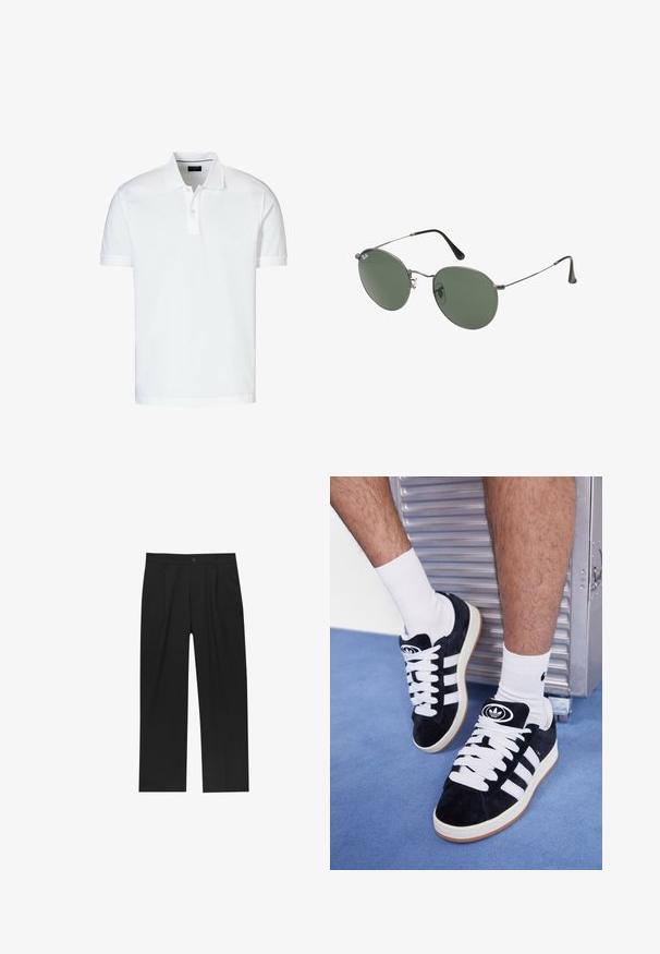 Weißes Poloshirt mit kurzen Ärmeln aus Baumwolle, mit klassischem Kragen, zwei-Knopf-Leiste und geradem Saum.; Schwarze Hose mit geradem Schnitt, aus einem glatten Stoff gefertigt. Verfügt über Vorderfalten und einen einzelnen Knopfverschluss an der Taille.; Schwarze Wildledersneaker mit weißen Schnürsenkeln und drei weißen Streifen. Verfügt über ein kreisförmiges schwarzes Logo auf der Zunge und eine Gummisohle.; Metallgestellte Sonnenbrille mit ovalen grünen Gläsern. Dünner silberner Metallrahmen und schwarze Ohrstücke. Minimalistisches Design, keine sichtbaren Logos.