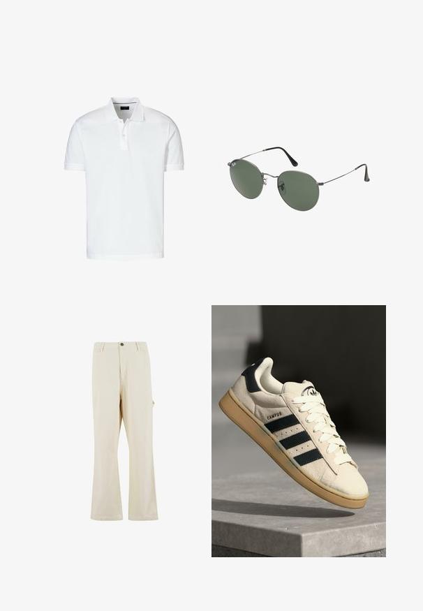 Weißes Poloshirt mit kurzen Ärmeln aus Baumwolle, mit klassischem Kragen, zwei-Knopf-Leiste und geradem Saum.; Beige, weit geschnittene Hose aus einem Mischgewebe mit Knopfverschluss. Verfügt über seitliche Taschen und eine dezente Textur. Nahtdetails sind sichtbar.; Beige Wildledersneaker mit drei dunkelblauen Streifen, weißen Schnürsenkeln und einer tannfarbigen Gummisohle. Verfügt über ein Logo auf der Zunge und den Text "CAMPUS".; Metallgestellte Sonnenbrille mit ovalen grünen Gläsern. Dünner silberner Metallrahmen und schwarze Ohrstücke. Minimalistisches Design, keine sichtbaren Logos.