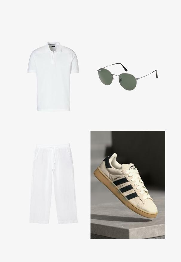 Weißes Poloshirt mit kurzen Ärmeln aus Baumwolle, mit klassischem Kragen, zwei-Knopf-Leiste und geradem Saum.; Weiße Leinen-Culotte mit elastischem Bund, Kordelzug und zwei Seitentaschen. Sanfte Textur und leichtes Design für zusätzlichen Komfort.; Beige Wildledersneaker mit drei dunkelblauen Streifen, weißen Schnürsenkeln und einer tannfarbigen Gummisohle. Verfügt über ein Logo auf der Zunge und den Text "CAMPUS".; Metallgestellte Sonnenbrille mit ovalen grünen Gläsern. Dünner silberner Metallrahmen und schwarze Ohrstücke. Minimalistisches Design, keine sichtbaren Logos.
