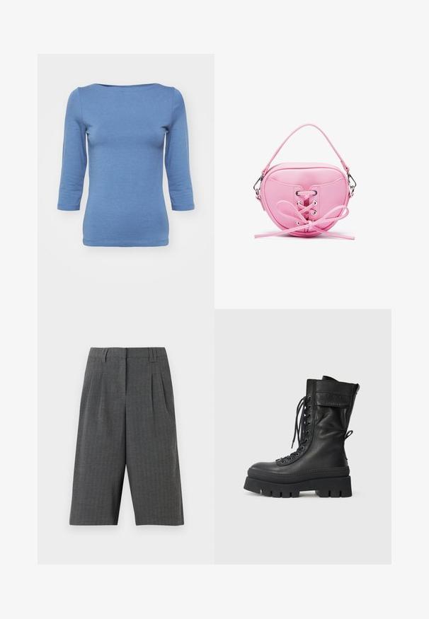 Top azul de manga longa feito de tecido macio, com decote arredondado e design ajustado. Apresenta uma textura lisa e costura ao longo da bainha.; Bermudas cinza em padrão pied-de-poule com pregas, apresentando um design ajustado e comprimento até a coxa. Feitas de tecido texturizado, sem fechos visíveis.; Bota de combate em couro preto com cano alto, frente com atacadores, detalhes texturizados, sola grossa e costura detalhada. Apresenta uma alça na parte traseira.; Bolsa de mão em imitação de couro cor-de-rosa com formato circular, apresentando um design de atacadores com ilhós metálicos e um detalhe de laço. Inclui uma alça curta.