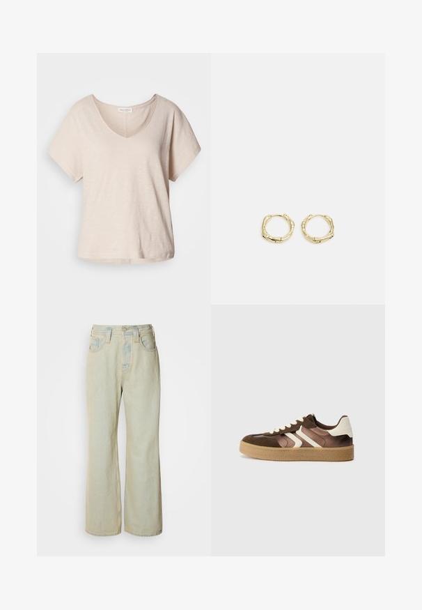 Ljus beige kortärmad t-shirt med v-ringning gjord av ett mjukt, strukturerat tyg. Avslappnad passform med en subtil lyster och rak nederkant.; Ljusblå vida jeans i denim med hög midja, fem fickor och subtila blekningar med kontrasterande sömsyn.; Bruna och krämfärgade sneakers med en kombination av mocka och satinmaterial, med tre diagonala ränder och en texturerad gummisula.; Guldörhängen i form av ringar med en texturerad, oregelbunden form. Har en sömlös stängning och en polerad yta som betonar en modern design.