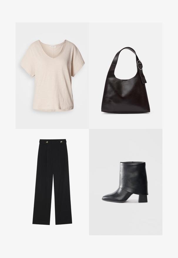 T-shirt de manga curta em v na cor bege clara, feita de um tecido suave e texturizado. Corte descontraído com um brilho subtil e bainha inferior reta.; Calças largas pretas com cintura alta, detalhes em botão na cintura e pregas frontais.; Bota de tornozelo em couro preto com bico afilado, textura suave e um salto bloco estruturado. Apresenta um design de cano alto e dobrado.; Bolsa de ombro em pele castanha com uma textura suave, forma arredondada, alça larga e um detalhe metálico circular na pega.