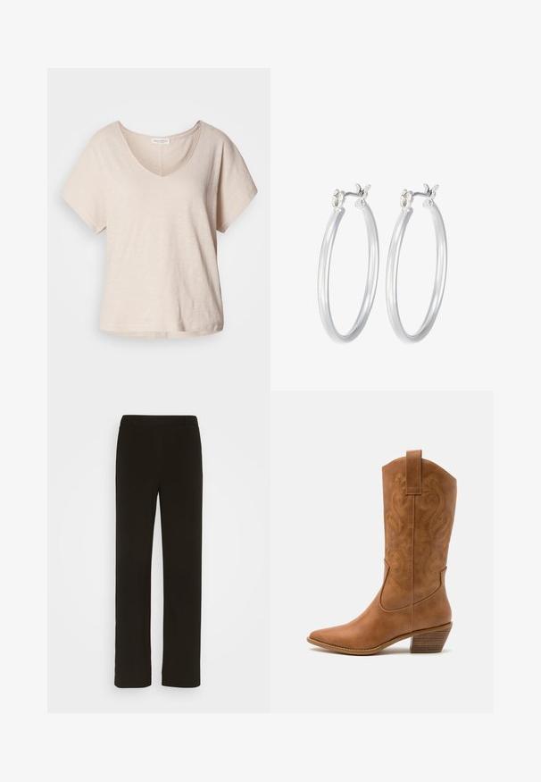 Hele beež lühikeste varrukatega V-kaelusega T-särk, mis on valmistatud pehmest, tekstuuritud kangast. Mugav lõige, kerge sära ja sirge alläär.; Mustad, sirged jalad, mis on valmistatud kootud kangast, millel on lame esiosa, kaks külgtaskut ja sile tekstuur. Ilma nähtavate mustrite või aktsentideta.; Kohvitooni nahast cowboy-kork, millel on terav varvas, tikitud keerised varrel ja virnastatud ploki konts. Omab tõmbeava, et seda oleks lihtne jalga panna.; Hõbedased rõngaskõrvarõngad, millel on sile, läikiv viimistlus. Ümmargune kuju ja turvaline klõpsulatus. Kerge disain, sobib igapäevaseks kandmiseks.