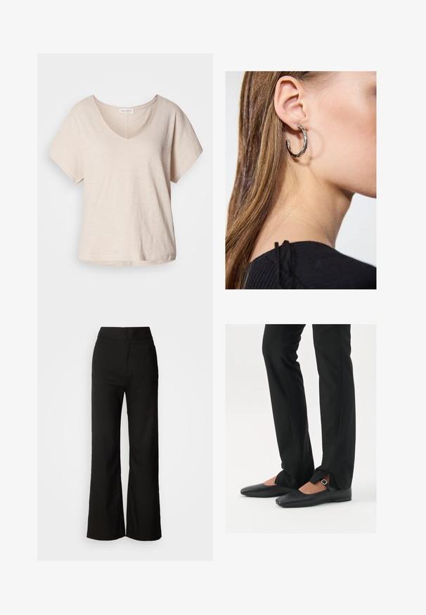 Světle béžové tričko s krátkým rukávem a výstřihem do V, vyrobené z měkké strukturované látky. Uvolněný střih s jemným leskem a rovným spodním lemem.; Černé kalhoty se širokými nohavicemi, hladkou texturou, vysokým pasem a čistým designem. Bez viditelných kapes nebo ozdob.; Černé kožené baleríny s špičatou špičkou, páskem se stříbrnou sponou, společně s černými kalhotami s úzkým střihem a rozparky na lemech.; Stříbrný kruhový náušník s lesklým povrchem, zdobený malými zlatými akcenty, v kulatém tvaru, nošený na lalůčku.