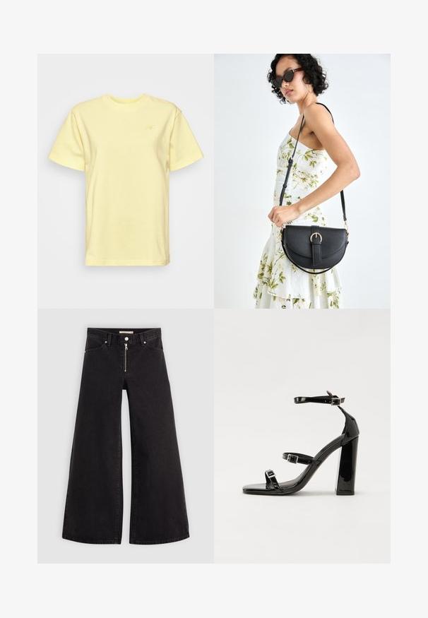 Gul t-skjorte laget av bomull, med korte ermer og rund hals. Diskret logo i matchende gul på venstre bryst.; Vide benbukser i sort denim med glidelås i front, fem-lomme design og subtile sømdetaljer. Glatt tekstur og avslappet stil.; Svart høyglans sandaler med hæl, firkantet tå, ankelremmer og sølvspenner. Har en kraftig blokkhæl for stabilitet.; Svart lærveske med en buet form, avtagbar stropp og gullbeslag. Vesken har et klaff med spenne-detall.