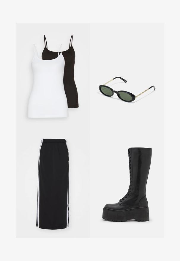 Twee mouwloze camisoles, één in wit en één in zwart, gemaakt van een gladde, rekbare stof. Beide hebben dunne bandjes en een eenvoudig ontwerp.; Zwarte sportrok met witte zijkanten, elastische tailleband en merkteken. Gemaakt van ademend materiaal, knie-lange ontwerp.; Zign LEATHER - Veterlaarzen - black; Ovale zonnebril met groene lenzen, zwarte kunststof voorkant en dunne gouden metalen pootjes. Beschikt over een minimalistisch ontwerp met een gladde textuur.